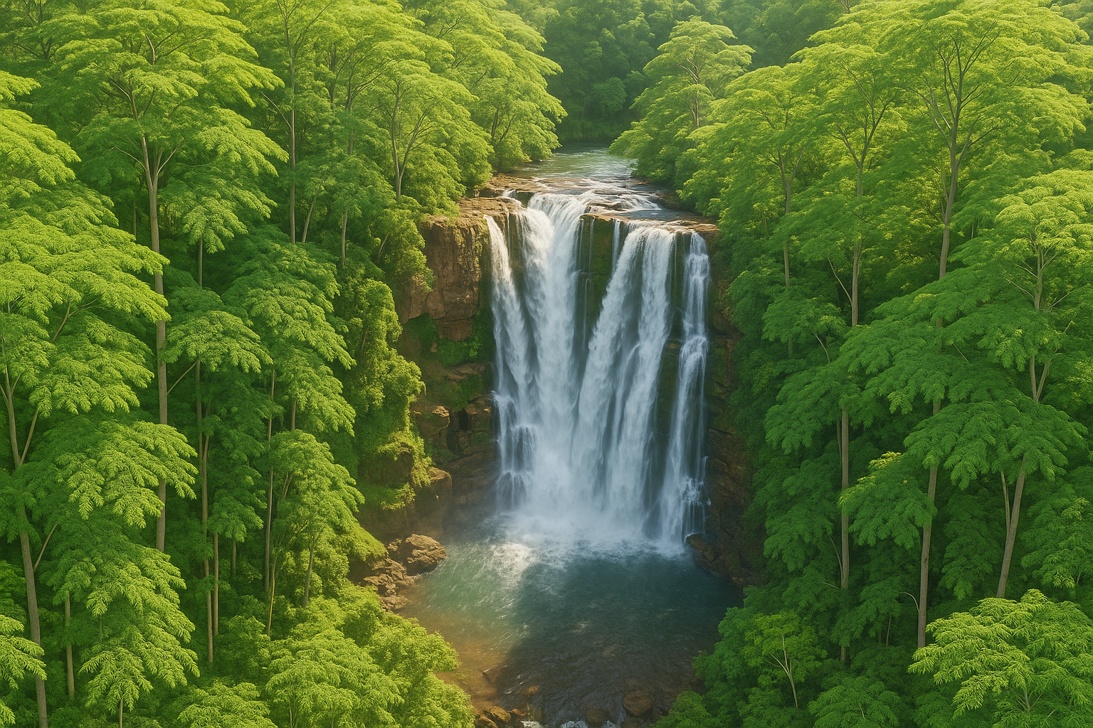 sky view of waterfall with 33 to 39 feet moringa trees nearby